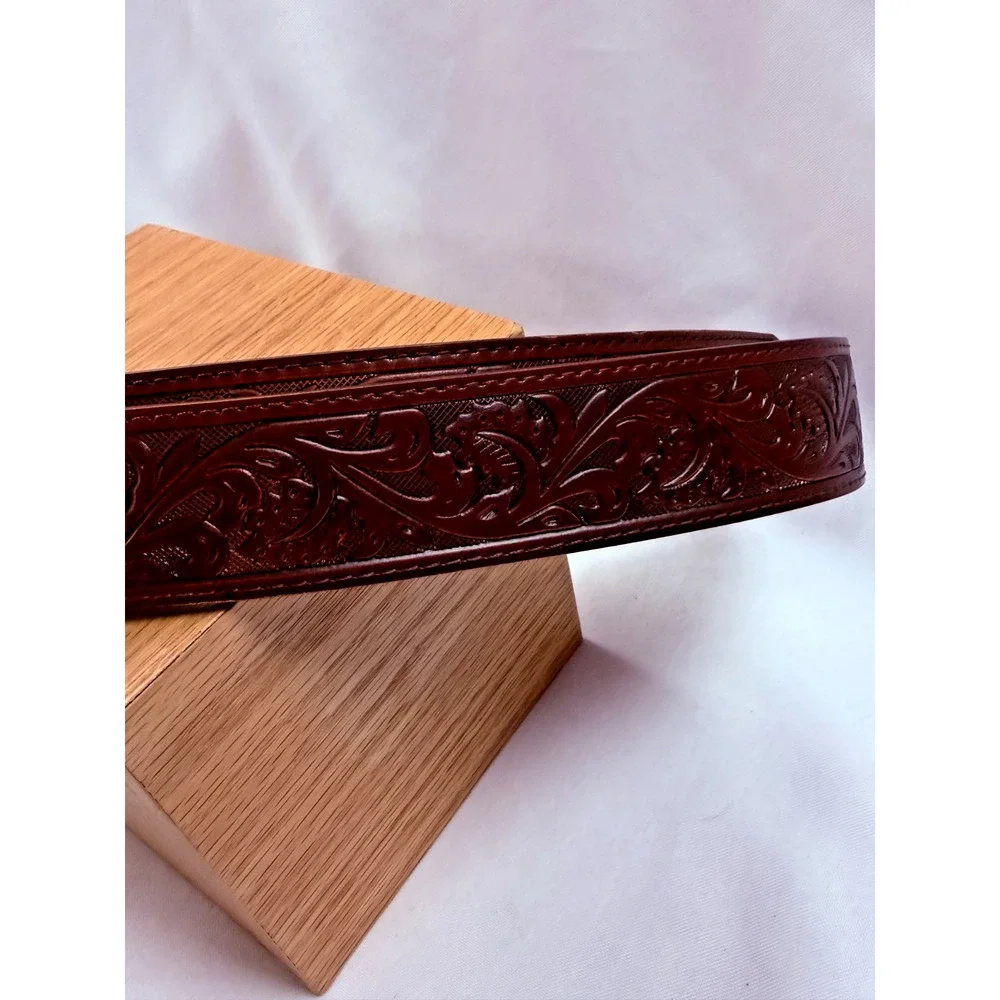Western Leather Belt Longhorn Steer Skull Buckle Tooled Brown 36 37 USA
